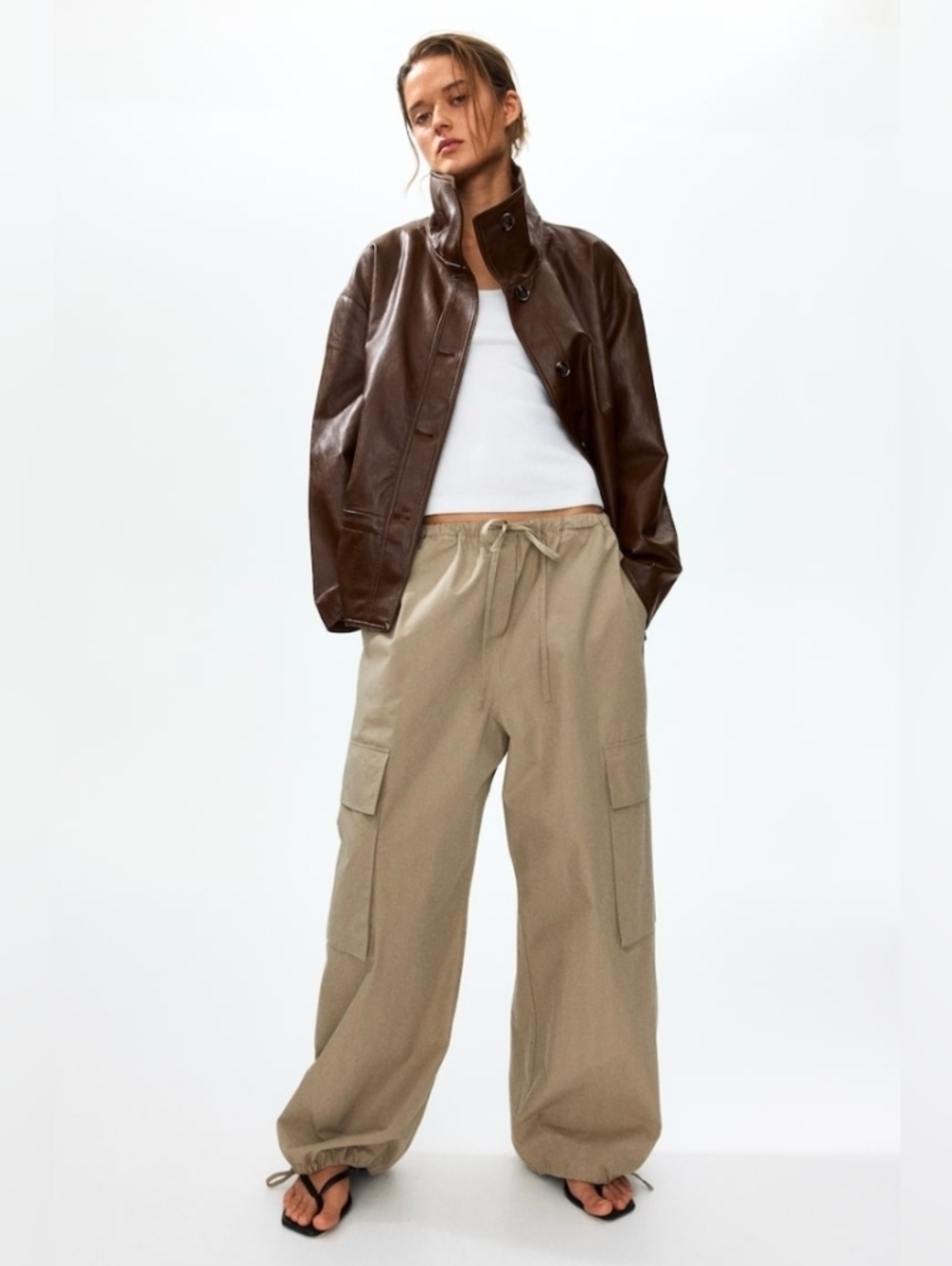 H&M Brown Faux Leather Button-Front Women's Jacket - Picture 4 of 14